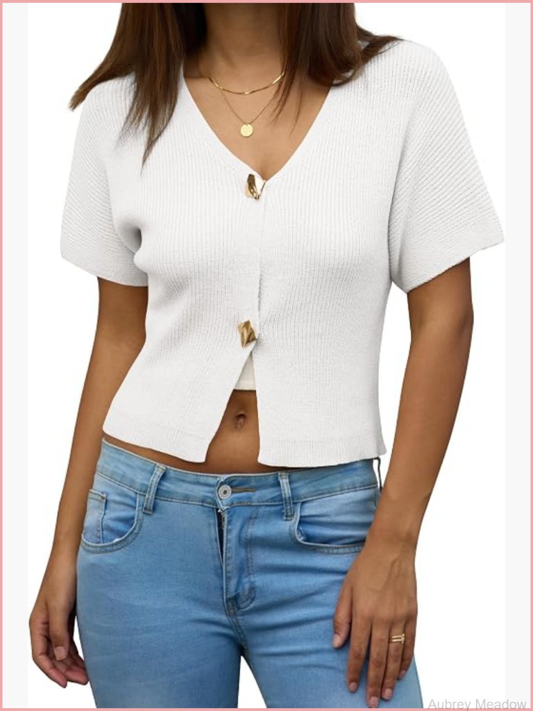 Short Sleeve V Neck Button Down Cropped Cardigan Knit Top